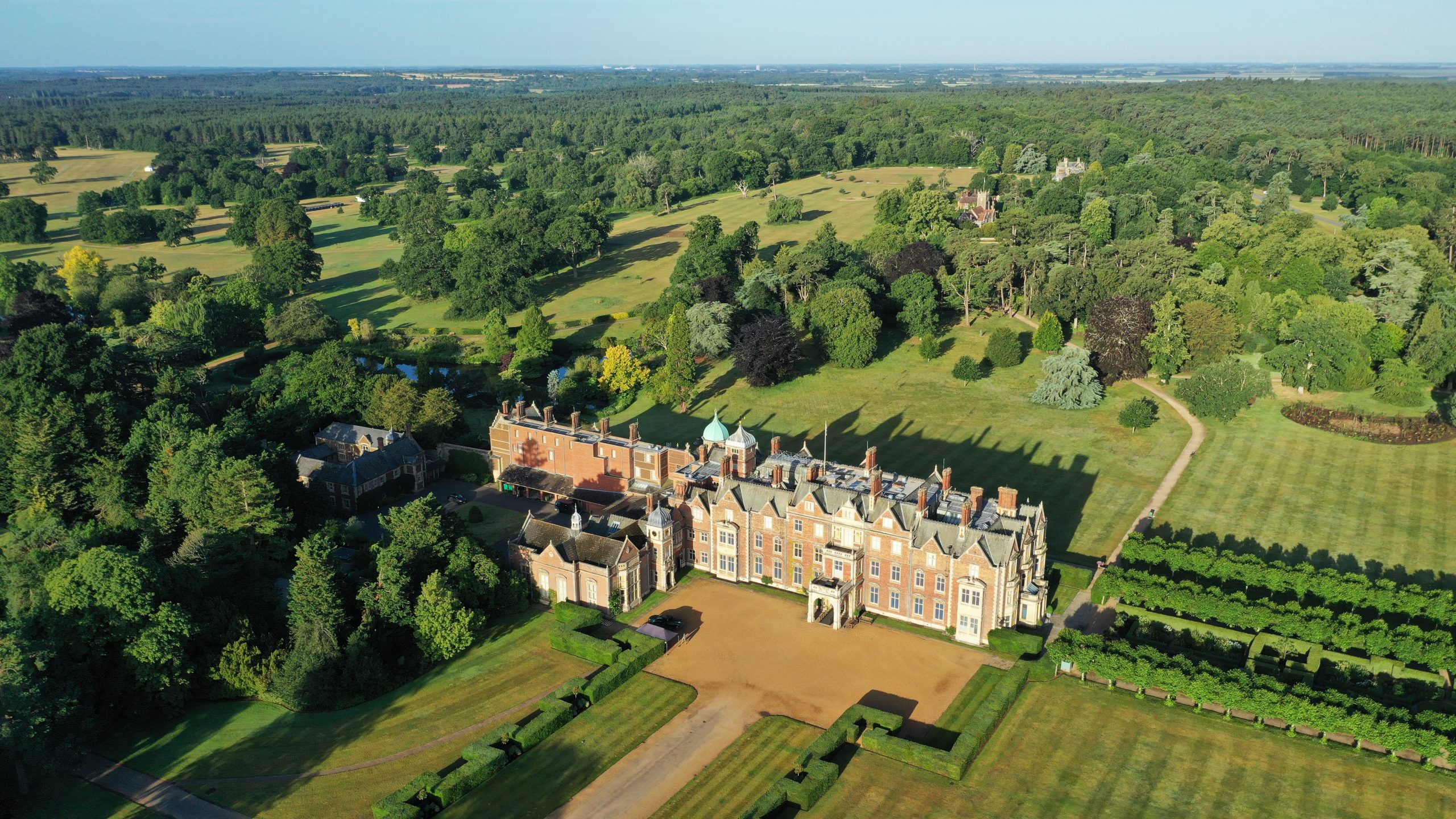 Aerial View of Sandringham House surrounded by trees