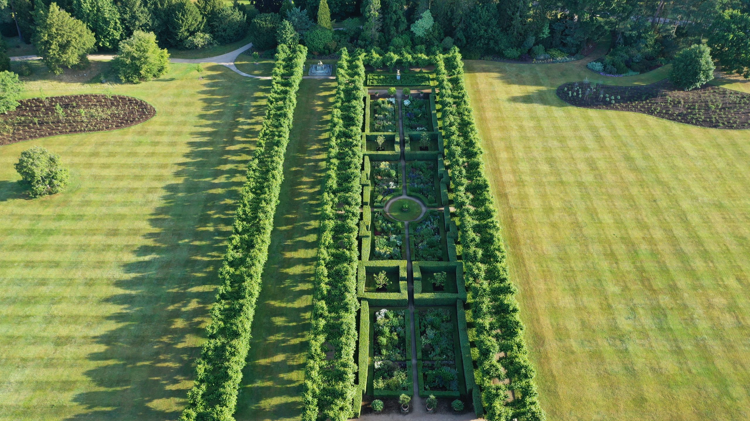 View of a long thin topiarised garden